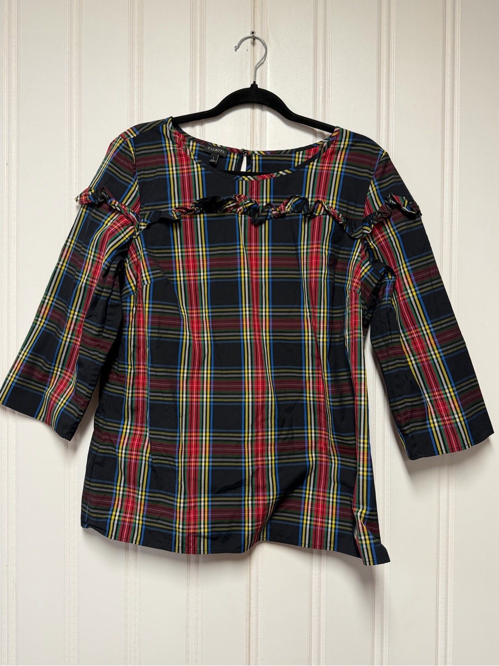Talbots Large Tartan Plaid Ruffle 3/4 Sleeve Blouse Holiday Christmas Top